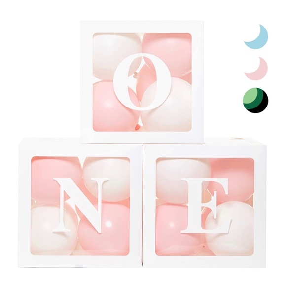 SALE: 3 for $12 Clear Cube ‘ONE’ Boxes with Pink and White Balloons NWOT - Picture 3 of 10